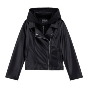 Pu hooded ls jacket w/zip